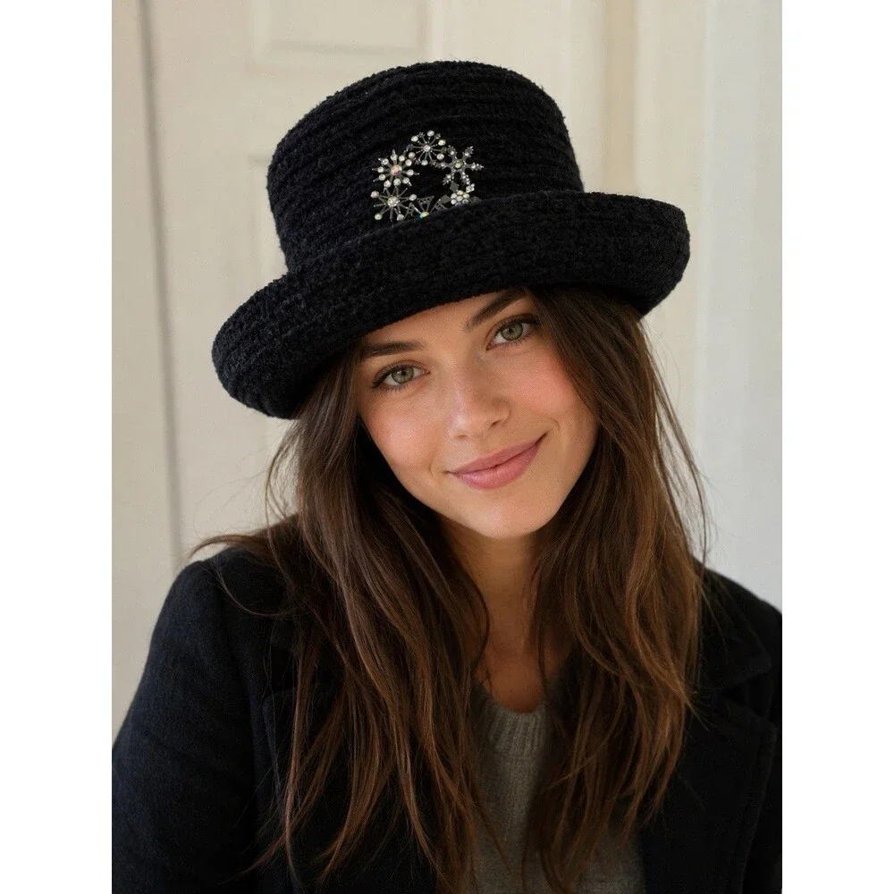 Vintage Betmar New York Black Bowler Hat Women's One Size Rhinestone Brooch